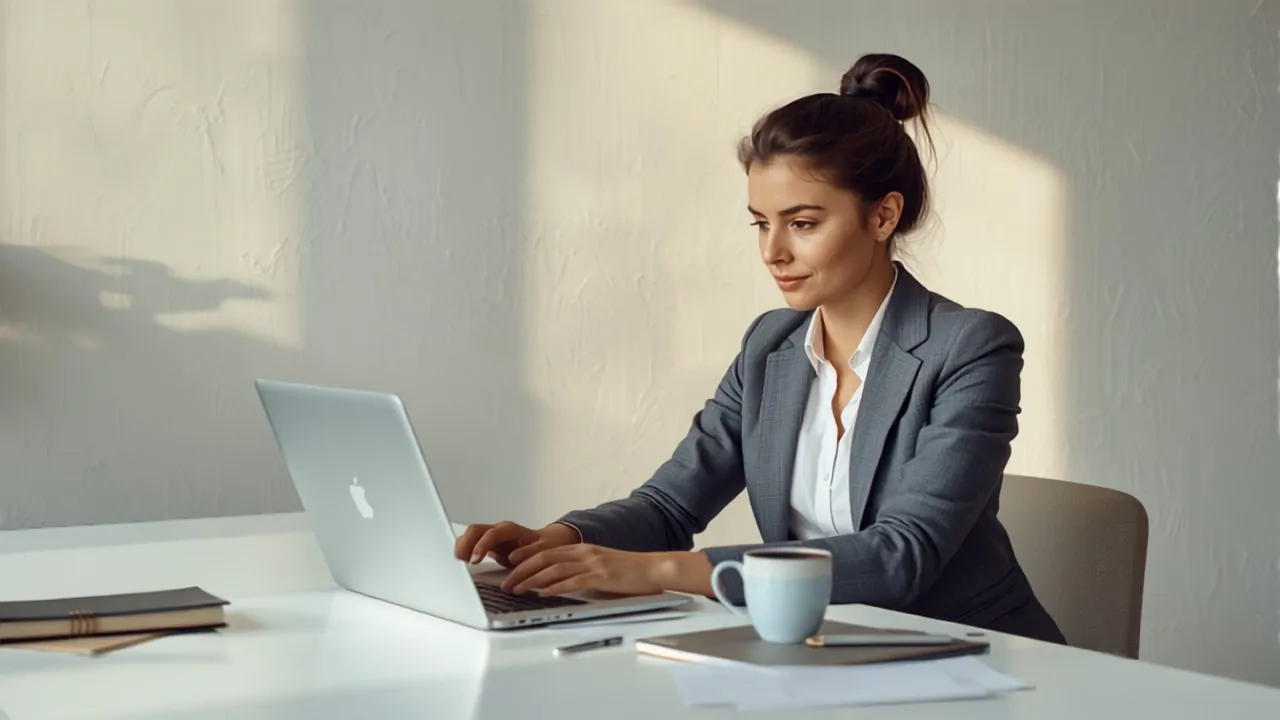 Junge Gründerin arbeitet konzentriert am Laptop an ihrem eigenen Unternehmen