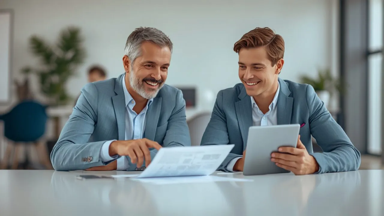 Erfahrener Berater und Gründer besprechen gemeinsam den Businessplan auf Augenhöhe