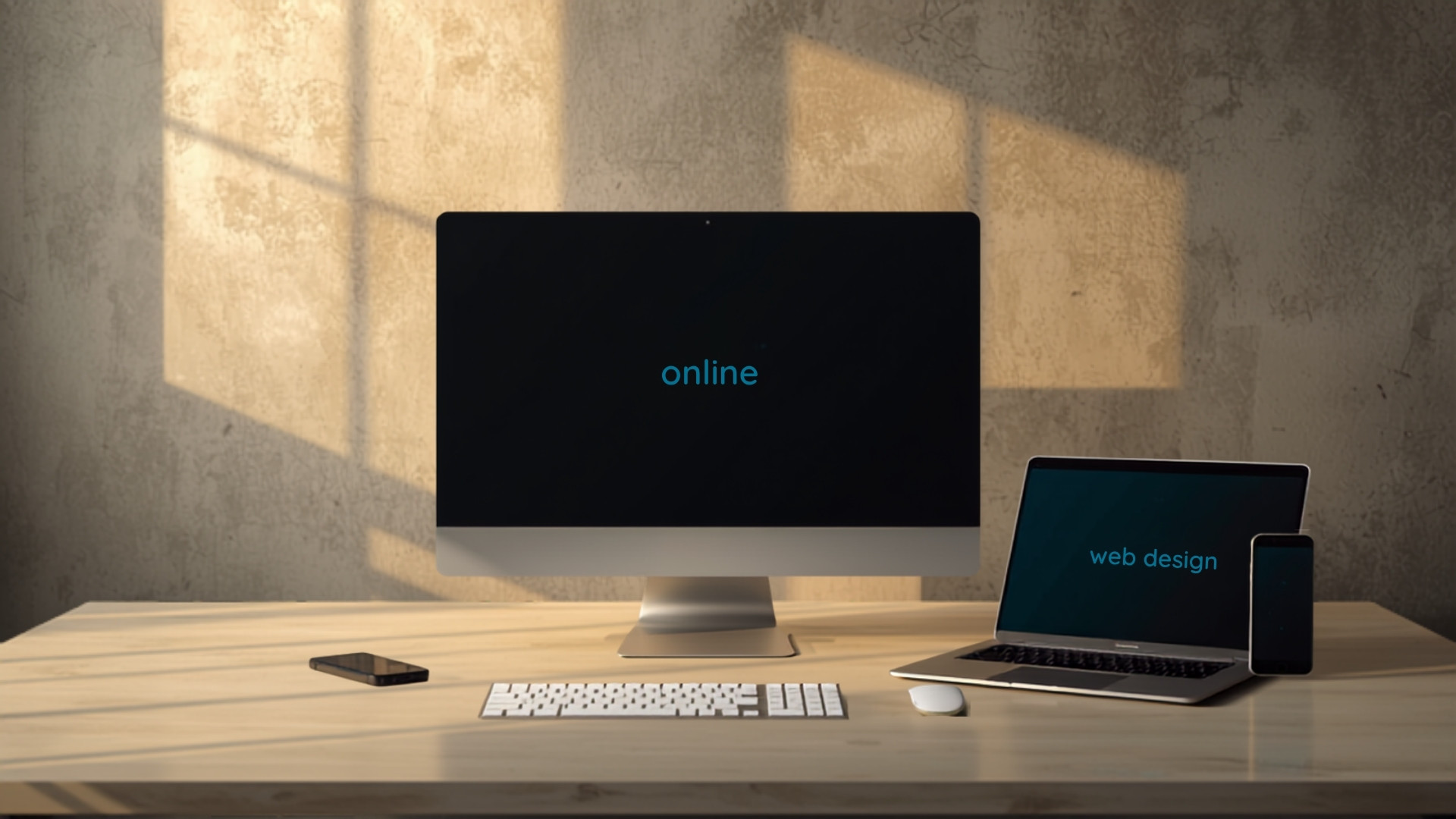 Moderner Arbeitsplatz mit responsiver Website auf Monitor, Laptop und Smartphone