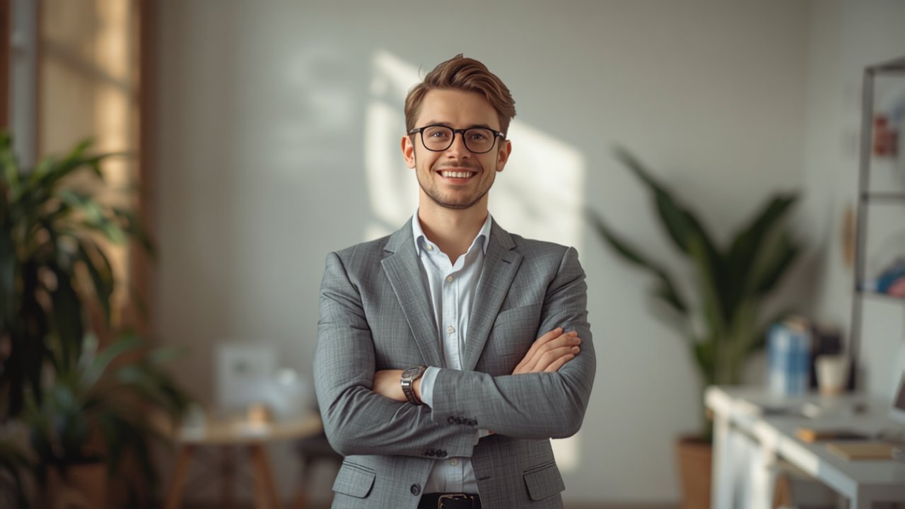 Selbstbewusster Unternehmer im eigenen, hellen Büro